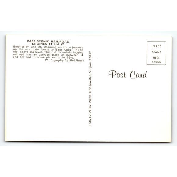 Cass Scenic Railroad Engines #4 & #5 Photochrome Postcard Vintage - Picture 2 of 2